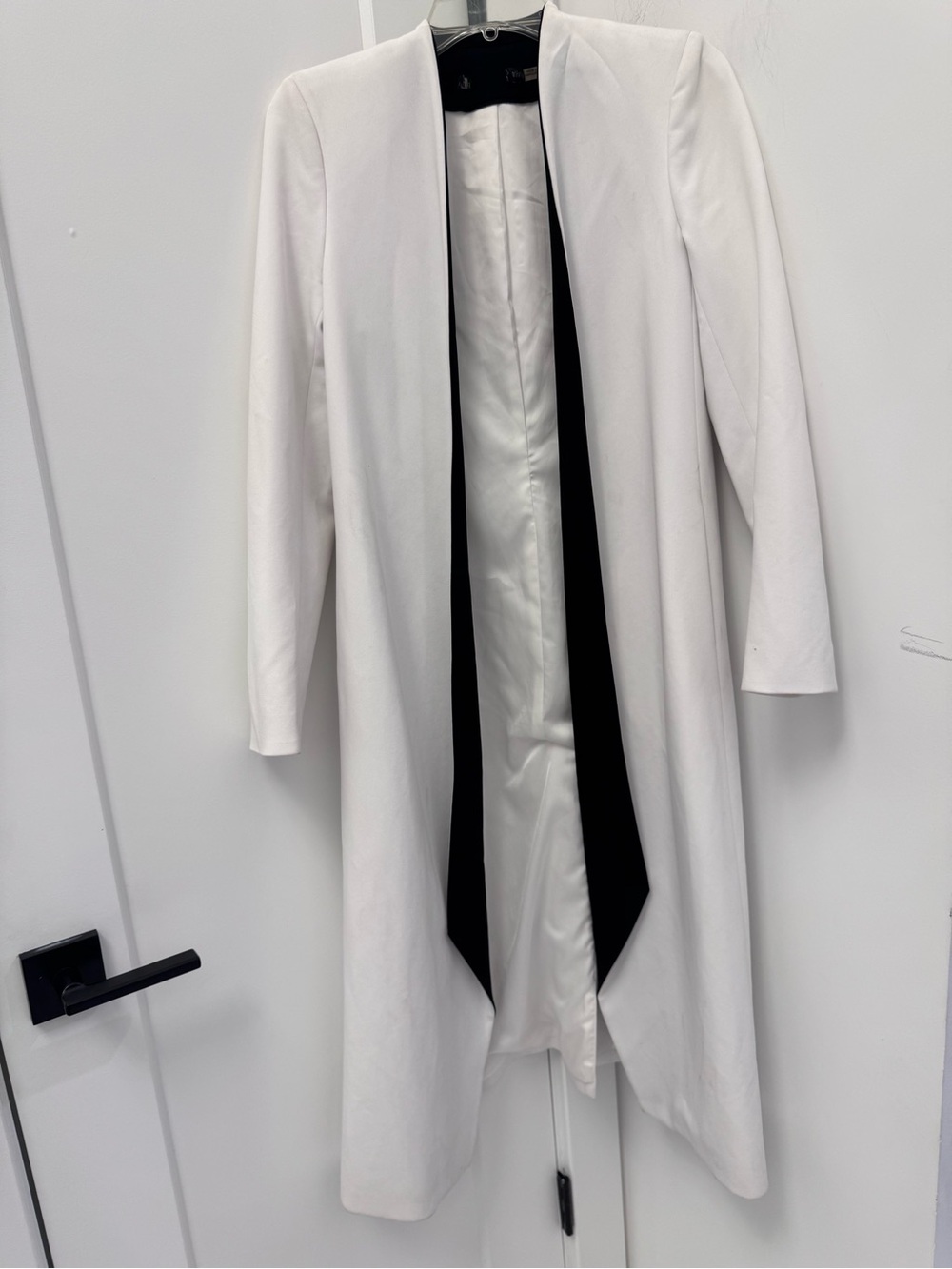 Alice + Olivia White Long Open-Front Trench Coat with Black Trim